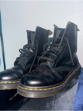 Black Leather Lace-Up women Boots with Yellow Stitching